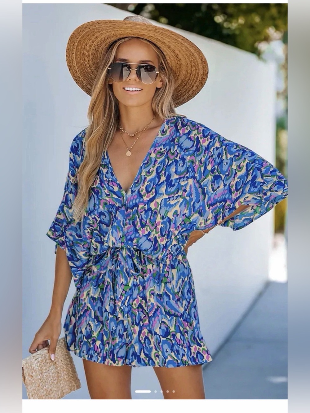 Cupshe Abstract Print Drawstring Romper MD BLUE PINK LILLY PULITZER PARIGI STYLE